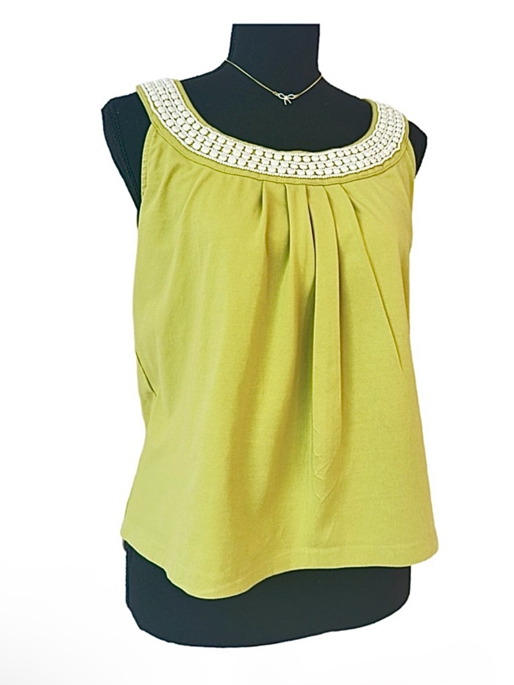 TALBOTS ~ Chartreuse Green Sleeveless Top with Iridescent Beaded-Neckline